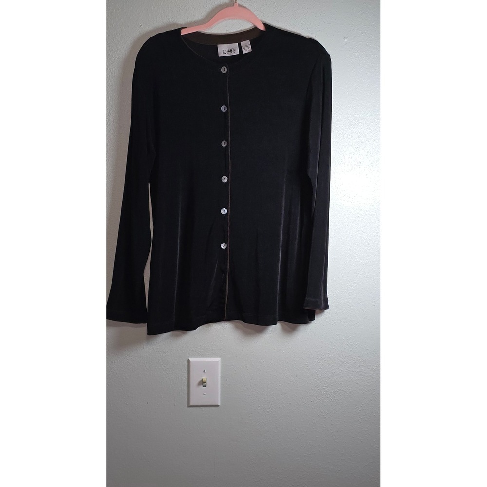 Chicos Travelers Black Ribbed Button Front Cardigan Brown Trim Size 2 Large